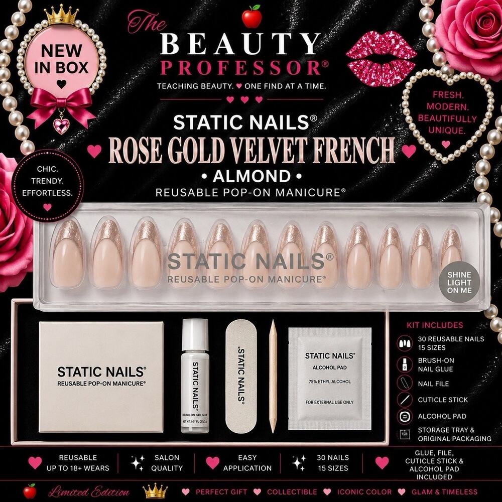 💖 Static Nails Rose Gold Velvet French Almond Reusable Pop-On Manicure New In
